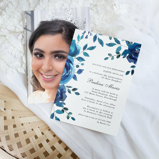 Invitation Elégant bleu floral photo Quinceañera