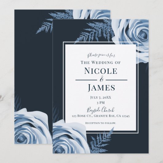 Invitation Elégant bleu Floral Roses Shabby Chic Mariage (Devant / Derrière)