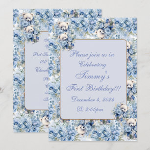 Invitation Elégant bleu floral Teddy Bear Anniversaire