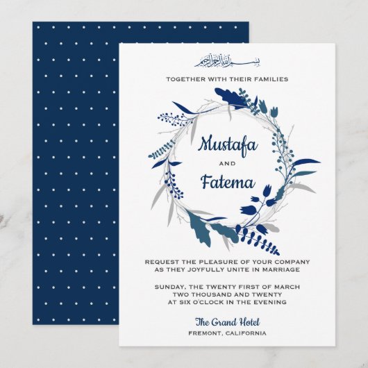 Invitation Élégant bleu Floral Wreath Mariage islamique (Devant / Derrière)