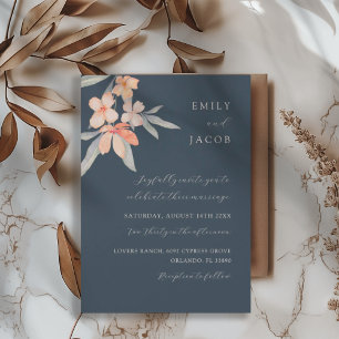 Invitation Elégant bleu foncé et Mariage floral orange pâle