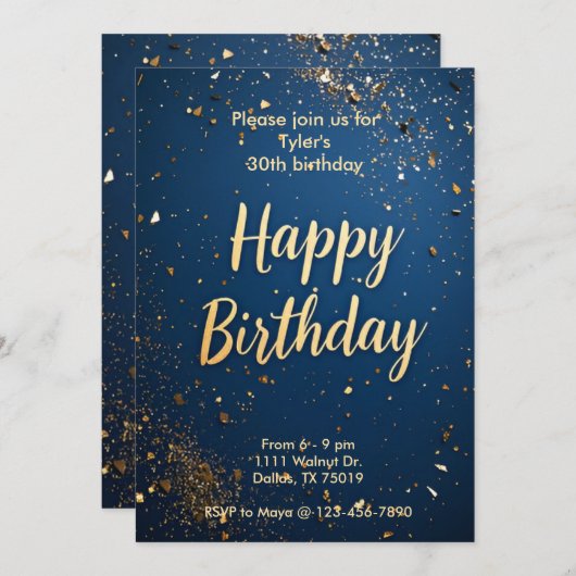 Invitation Elégant bleu foncé & Faux or Anniversaire Invitati (Devant / Derrière)