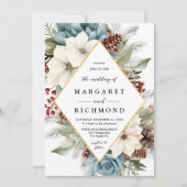 Invitation Elégant bleu foncé moderne Noël Floral hiver (Devant)