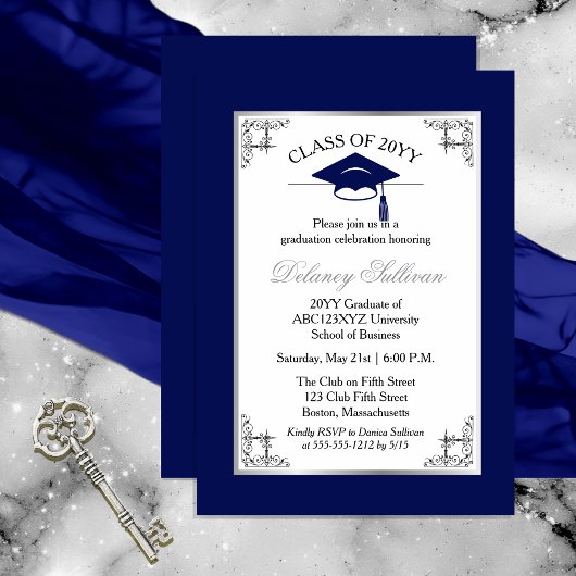 Invitation Élégant Bleu Formal College Graduation Party