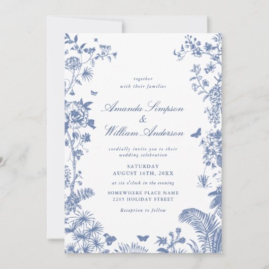 Invitation Elégant bleu Français Garden Mariage Photo Code QR (Devant)