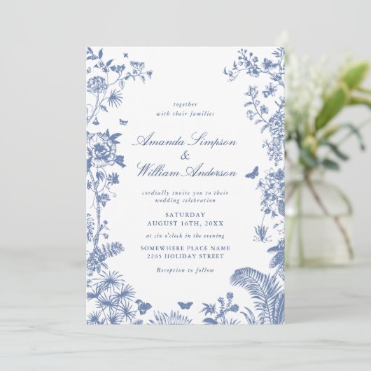 Invitation Elégant bleu Français Garden Mariage Photo Code QR (Debout devant)