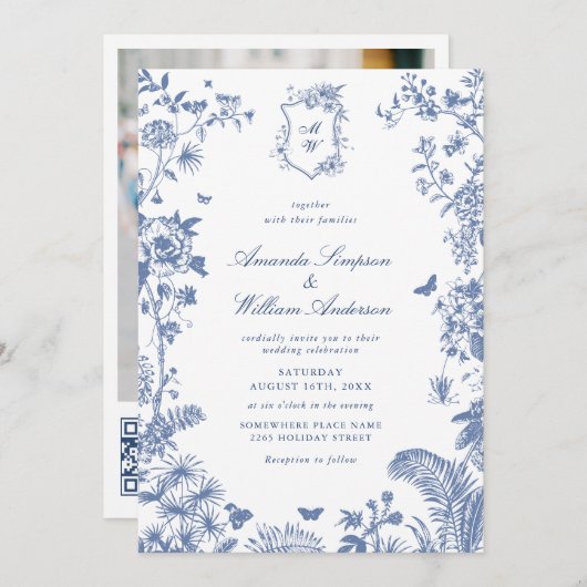 Invitation Elégant bleu Français Garden Mariage Photo Code QR (Devant / Derrière)