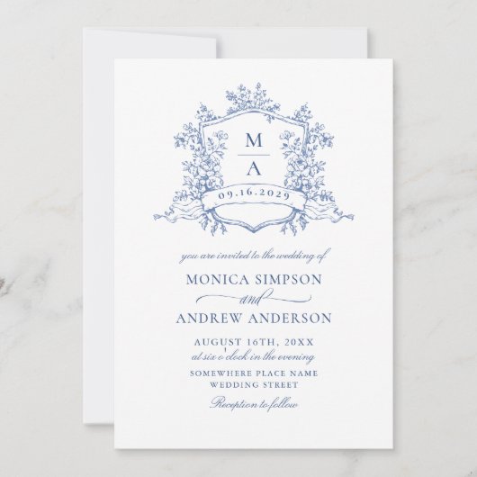 Invitation Elégant bleu Français Garden Mariage Photo Code QR (Devant)