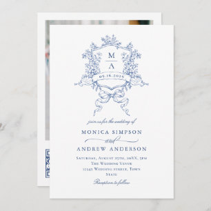 Invitation Elégant bleu Français Garden Mariage Photo Code QR