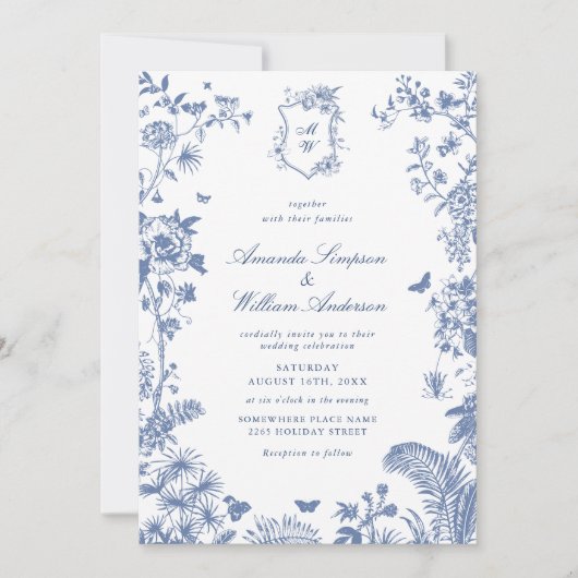 Invitation Elégant bleu Français Garden Mariage Photo Code QR (Devant)
