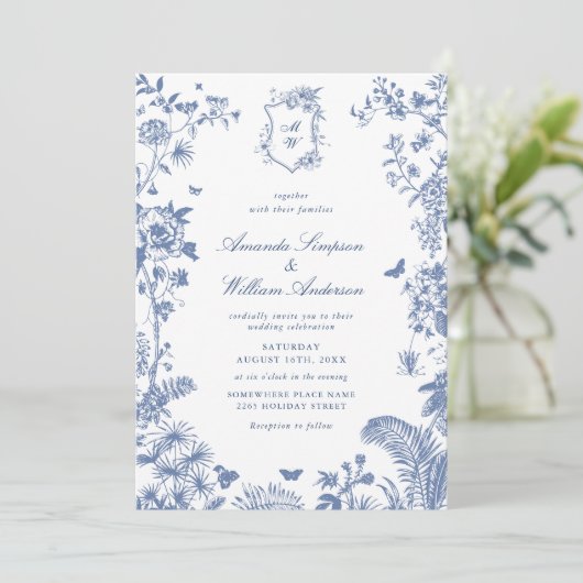 Invitation Elégant bleu Français Garden Mariage Photo Code QR (Debout devant)