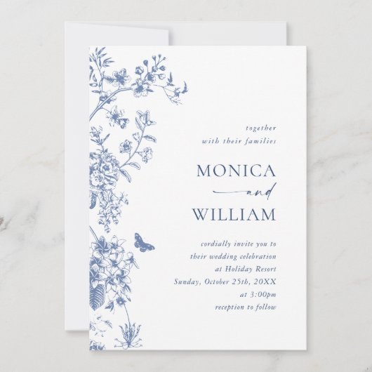 Invitation Elégant bleu Français Garden Wedding Code QR (Devant)