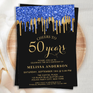 Invitation Elégant Bleu Gold Black Parties scintillant Drips