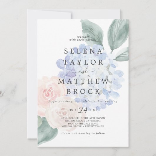 Invitation Elégant bleu Hydrangea Blanc Faded Floral Mariage (Devant)