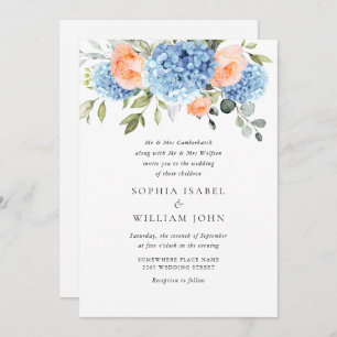 Invitation Elégant bleu Hydrangea Blush rose Roses Mariage