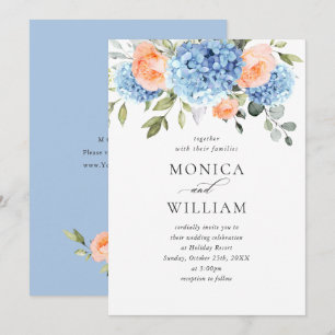 Invitation Elégant bleu Hydrangea Blush rose Roses Mariage