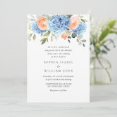 Invitation Elégant bleu Hydrangea Blush rose Roses Mariage (Debout devant)