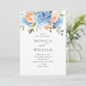 Invitation Elégant bleu Hydrangea Blush rose Roses Mariage (Debout devant)