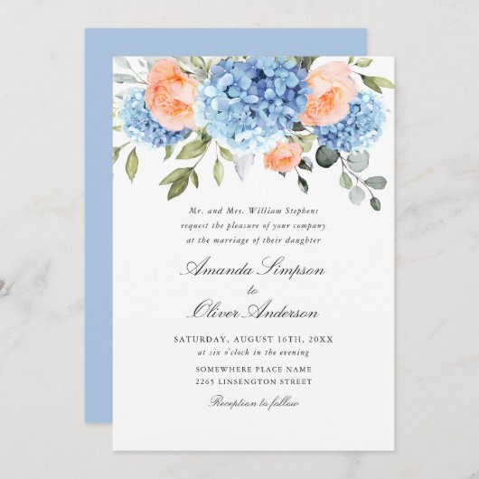 Invitation Elégant bleu Hydrangea Blush rose Roses Mariage (Devant / Derrière)
