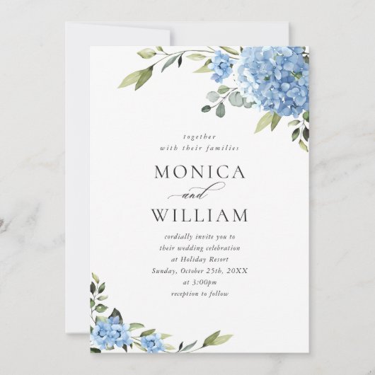 Invitation Elégant bleu Hydrangea Floral Mariage QR code (Devant)