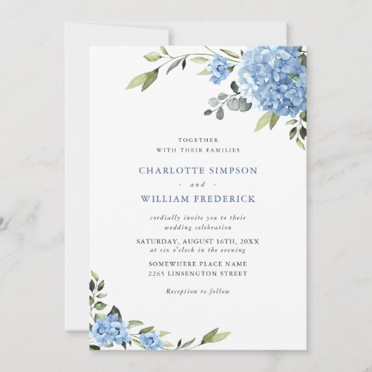 Invitation Elégant bleu Hydrangea Floral Mariage QR code (Devant)
