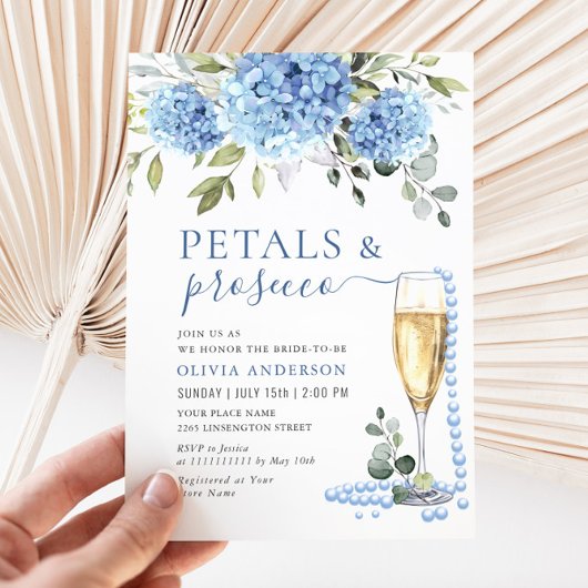 Invitation Elégant bleu Hydrangea Floral PETALS & Prosecco