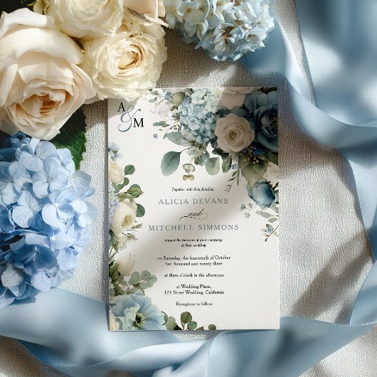 Invitation Elégant bleu Hydrangea Rose ivoire Mariage floral