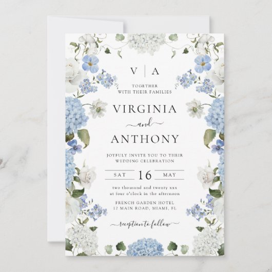 Invitation Elégant bleu Hydrangea Roses blanches Mariage flor (Devant)