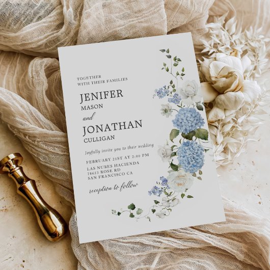 Invitation Elégant bleu Hydrangea Roses blanches Mariage flor