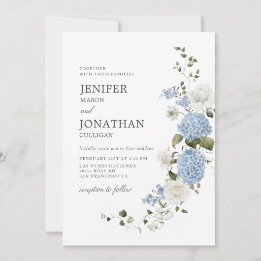 Invitation Elégant bleu Hydrangea Roses blanches Mariage flor (Devant)