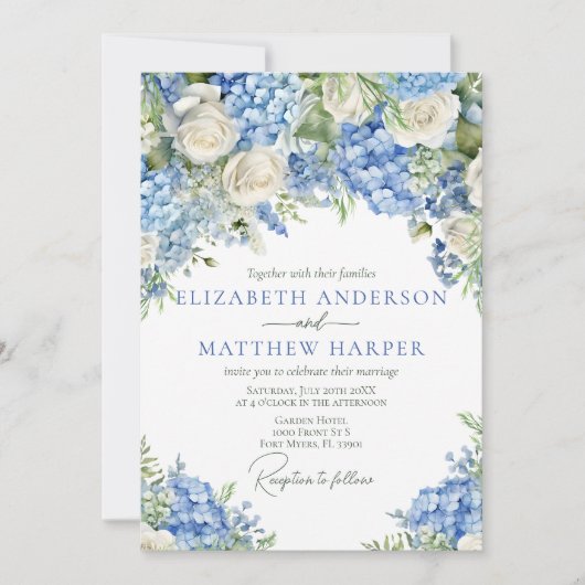 Invitation Elégant bleu Hydrangea Roses blanches Mariage flor (Devant)