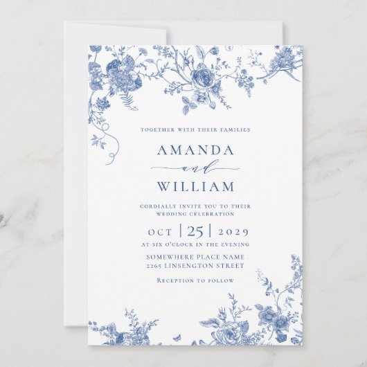 Invitation Elégant bleu Jardin Français Floral Mariage QR cod (Devant)