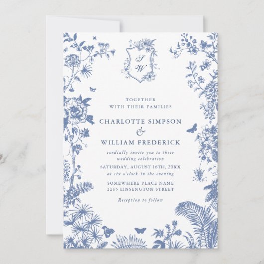 Invitation Elégant Bleu Jardin Français Mariage tout en un (Devant)