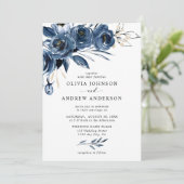 Invitation Elégant bleu marine Aquarelle argent Mariage flora (Debout devant)