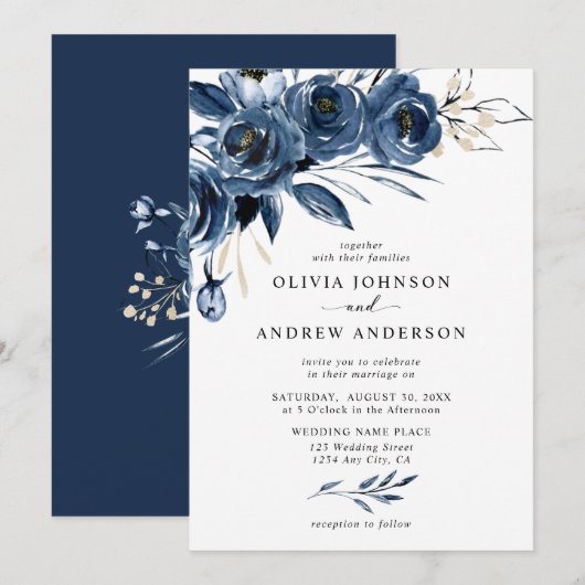 Invitation Elégant bleu marine Aquarelle argent Mariage flora (Devant / Derrière)