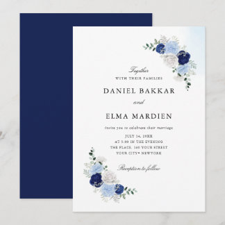 Invitation Elégant bleu marine Aquarelle Boho Floral Mariage