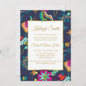 Invitation Elégant bleu marine avec Fleurs Gold Trunk Party (Devant / Derrière)