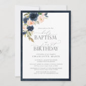 Invitation Elégant bleu marine Baptême rose 1er anniversaire (Devant)