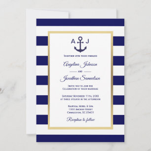 Invitation Élégant bleu marine Bleu Blancs Mariage nautique