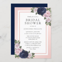 Invitation Elégant bleu marine Blush rose Fête des mariées fl