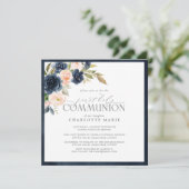 Invitation Élégant bleu marine Blush rose Floral Sainte Commu (Debout devant)