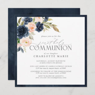 Invitation Élégant bleu marine Blush rose Floral Sainte Commu