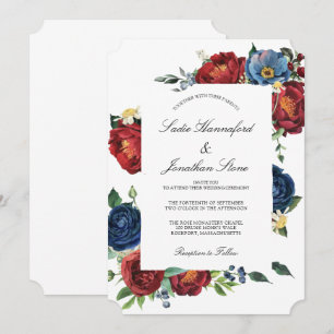 Invitation Élégant Bleu Marine Bordeaux Rouge Floral Mariage