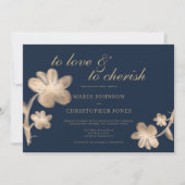 Invitation Elégant bleu marine chic or script Mariage floral (Devant)