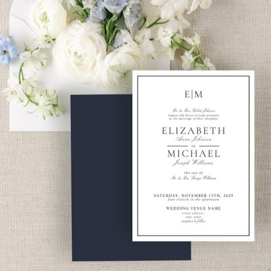 Invitation Élégant bleu marine classique Script Monogramme Ma