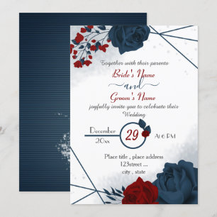 Invitation élégant bleu marine et bordeaux fleurs rouges mari