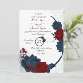 Invitation élégant bleu marine et bordeaux fleurs rouges mari (Debout devant)
