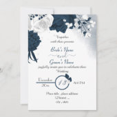Invitation élégant bleu marine et fleurs blanches mariage (Devant)