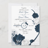 Invitation élégant bleu marine et fleurs blanches mariage (Devant)