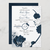 Invitation élégant bleu marine et fleurs blanches mariage (Devant / Derrière)